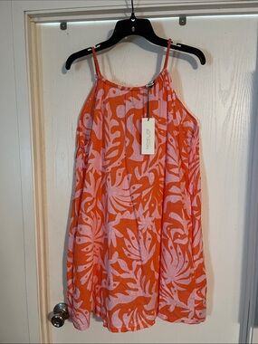 Rachel Zoe Orange and Pink Tropical Halter Dress NWT Large